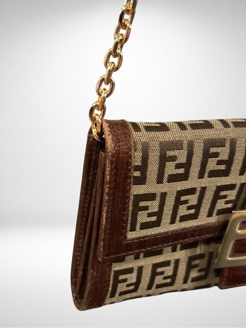 FENDI Zucca Canvas Chain Wallet Crossbody Brown FF Logo Leather Gold Hardware - Picture 6 of 16